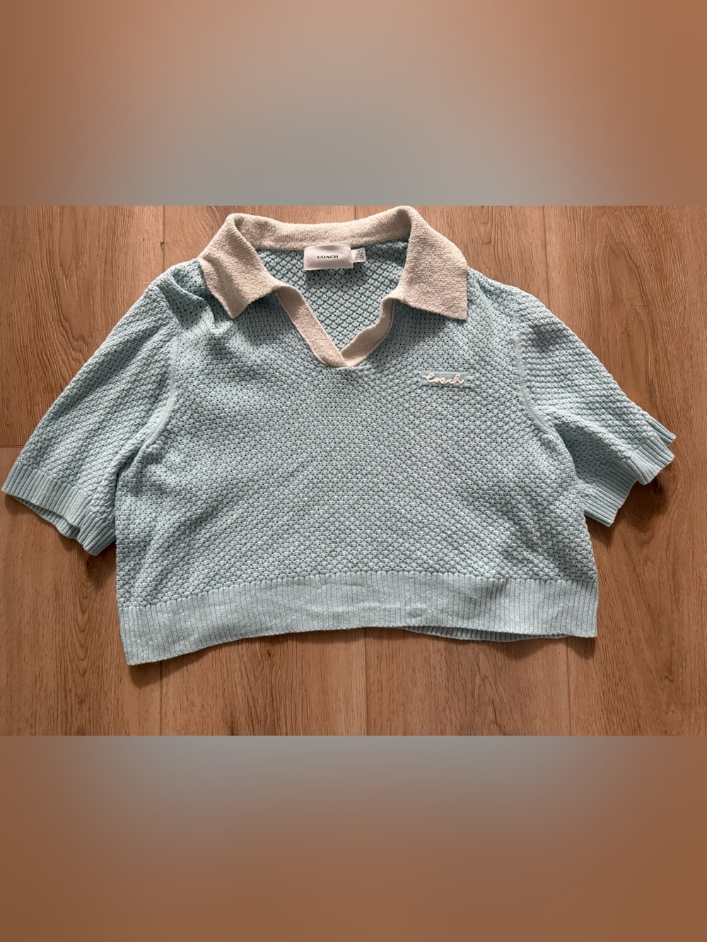 COACH Pastel Blue Knit V-Neck Sweater with Cream Collar
